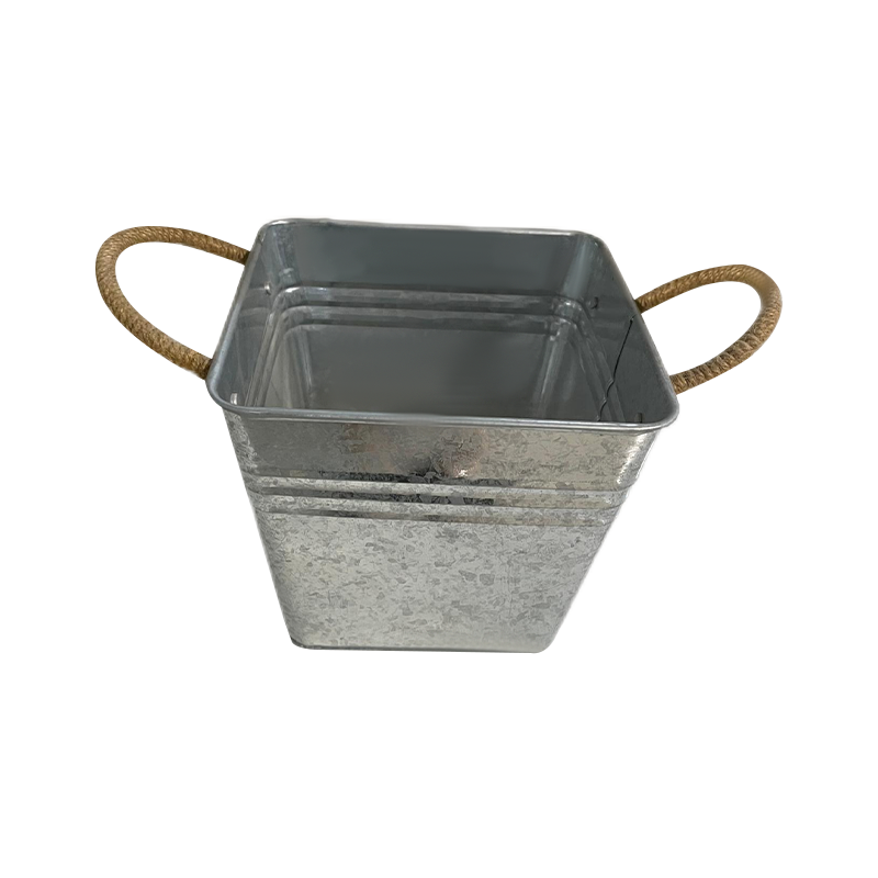 Jute Rope Handle Rolled-Edge Metal Storage Bucket